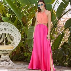 Key West Satin Halter Cutout Maxi Dress - Tangerine/Fuchsia